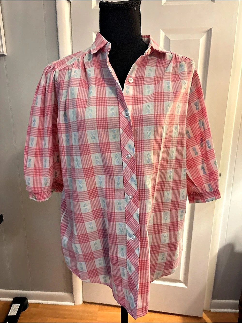 Vintage Pink & Pastel Blue Plaid Puff-Sleeve Blouse ✨